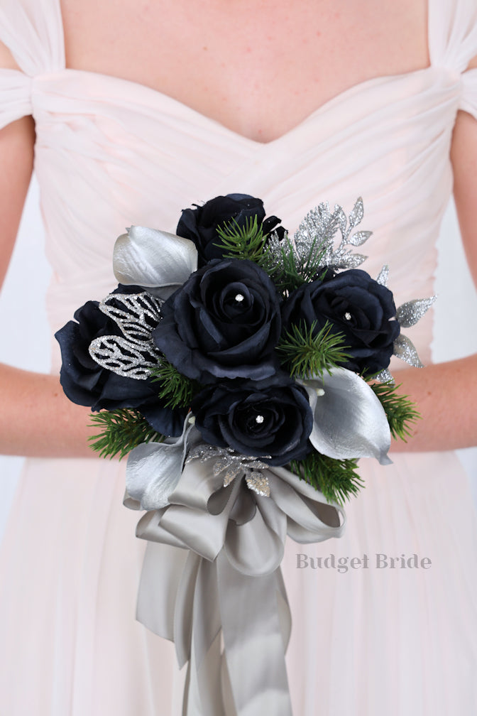 Silk Wedding Bouquet in Silver and Navy - $39.50 | Refuge Collection