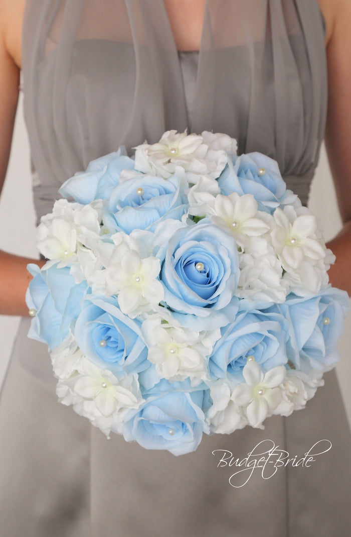 Silk Wedding Bouquet with Light Blue and White - $39.50 | Montreal Collection
