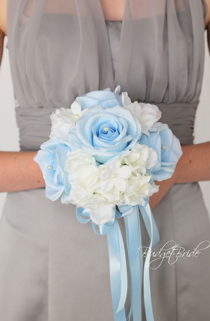 Silk Wedding Bouquet with Light Blue and White - $39.50 | Montreal Collection