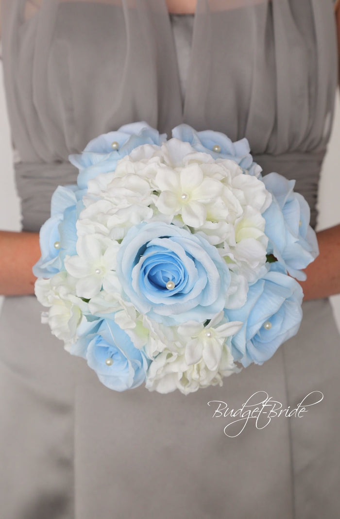 Silk Wedding Bouquet with Light Blue and White - $58.50 | Montreal Collection