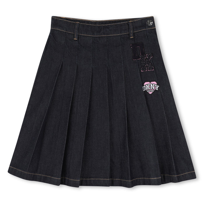 skirt denim pleated with logo patch - denim blue-z38