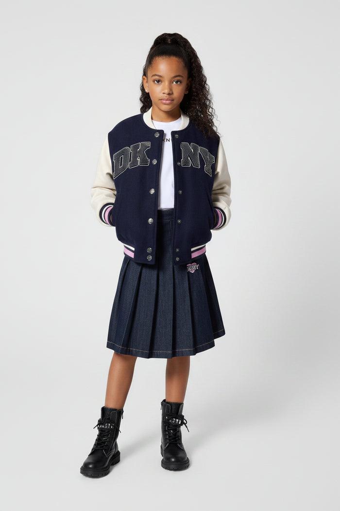 skirt denim pleated with logo patch - denim blue-z38