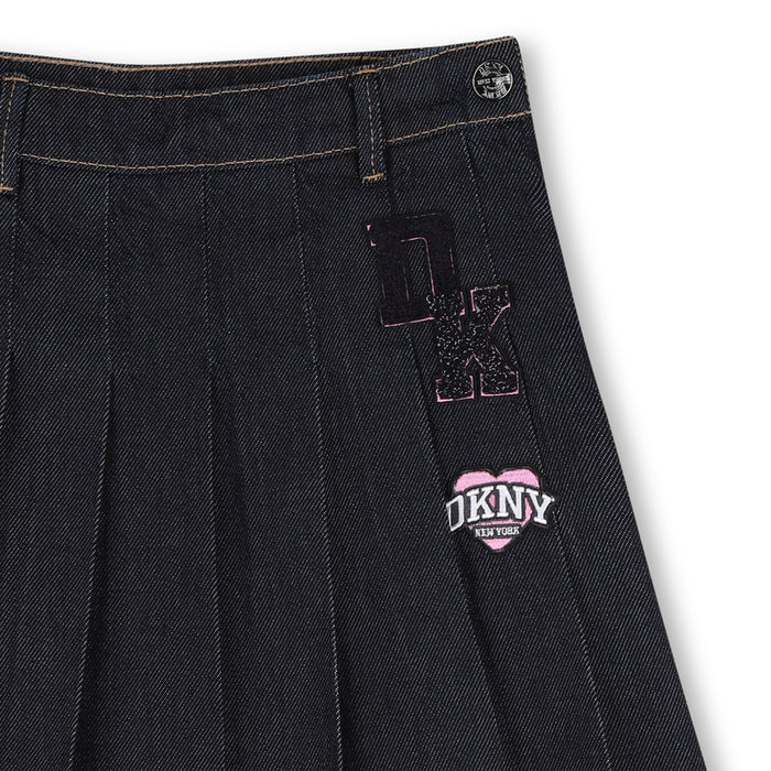 skirt denim pleated with logo patch - denim blue-z38