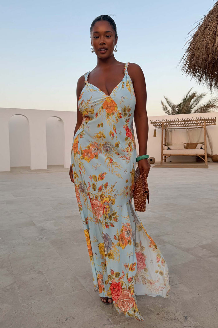 Sky Blue Floral Sofia Dress with tie-knot shoulders and a side slit, in a bias-cut for inclusive sizing.
