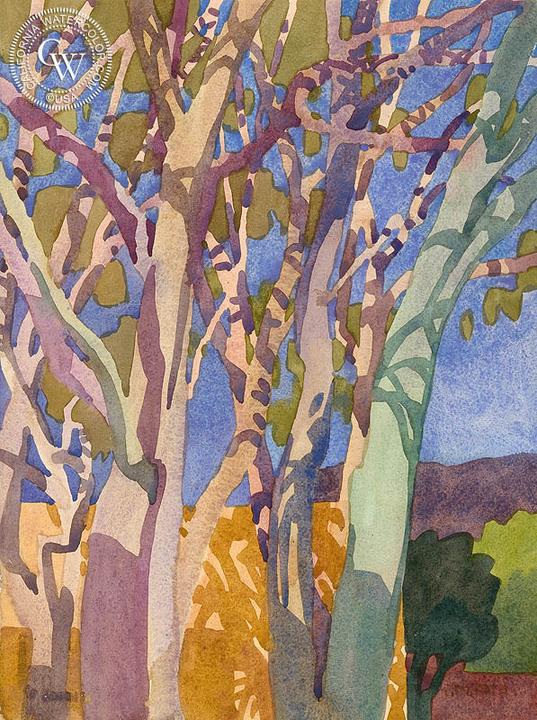 Slo Eucalyptus, 2011, watercolor painting by Carolyn Lord (American art). Fine art giclée print reproduction by California Watercolor for wall decor.