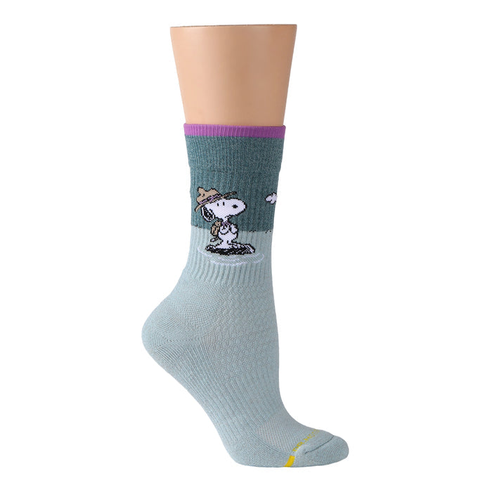 Aqua marl crew compression socks featuring Snoopy in a ranger hat with Woodstock.