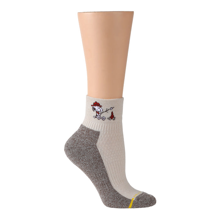 Ivory oat quarter compression socks featuring Snoopy by a campfire design.