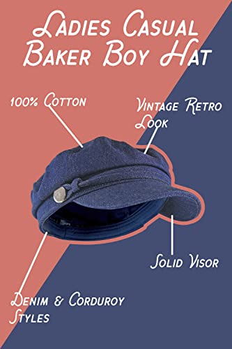 Sock Snob Ladies Cotton Casual Peaked Denim or Corduroy Baker Boy Hat Fiddler Cap with Rope - Style Heist