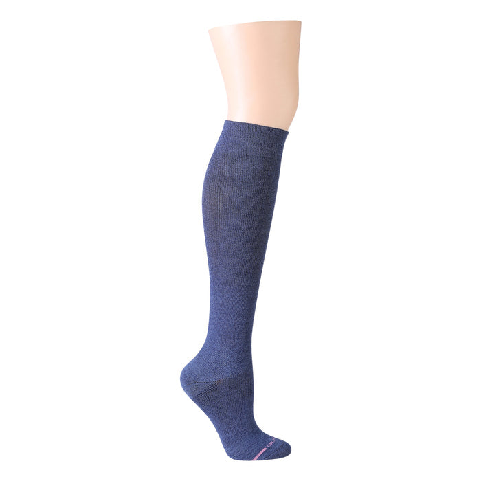 Navy marl wide-calf knee-high bamboo compression socks for women, shown on a mannequin leg.