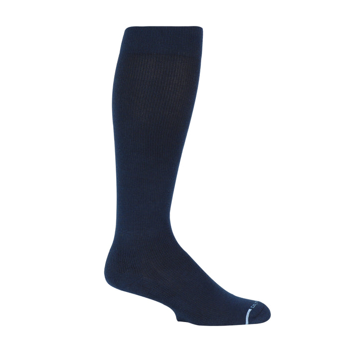Knee-high compression sock in solid navy blue with ribbed texture and cushioned footbed.