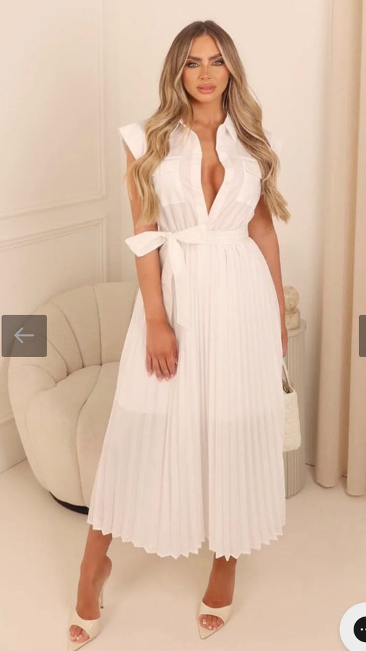 Spanish white pleated midi shirt dress