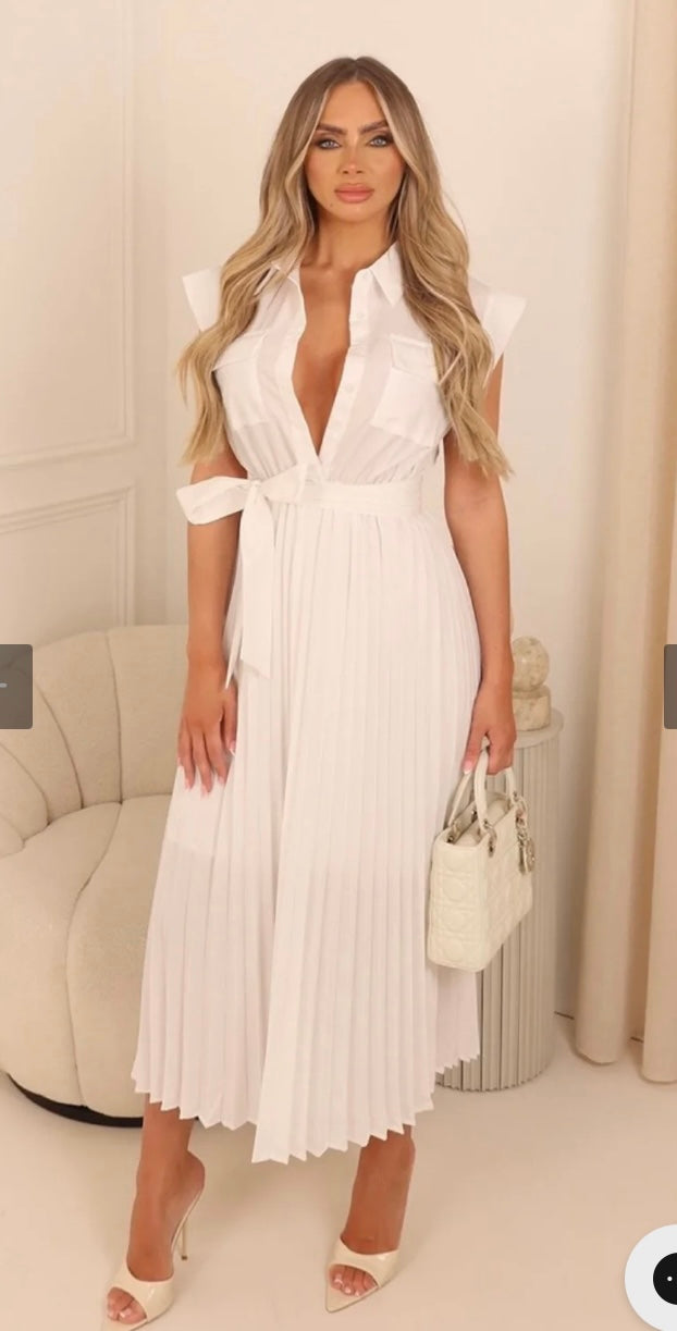 Spanish white pleated midi shirt dress