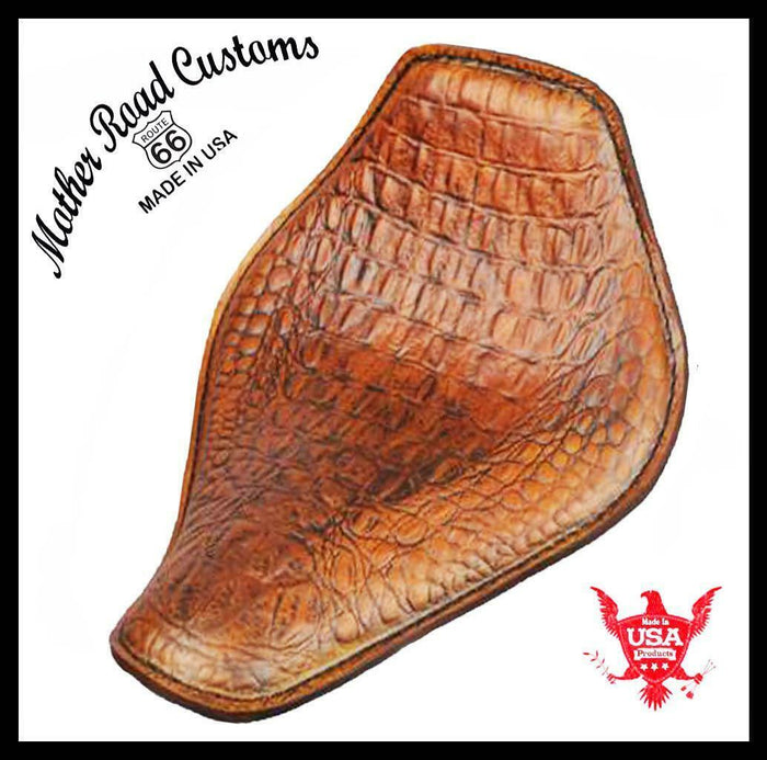 Spring Solo Seat Chopper Harley Sportster 11x14 Snub Nose Tobacco Brn Alligator - Mother Road Customs