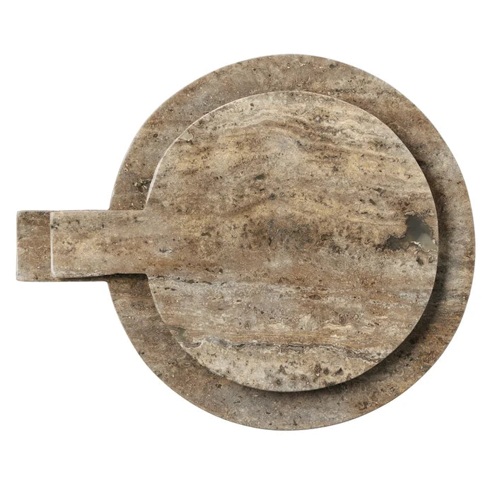 Set of two Blue Pheasant Stassi gray travertine round serving boards for cheese, charcuterie, or appetizers.