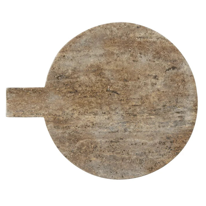Set of two Blue Pheasant Stassi gray travertine round serving boards, ideal for serving cheese or appetizers in elegant dining settings.