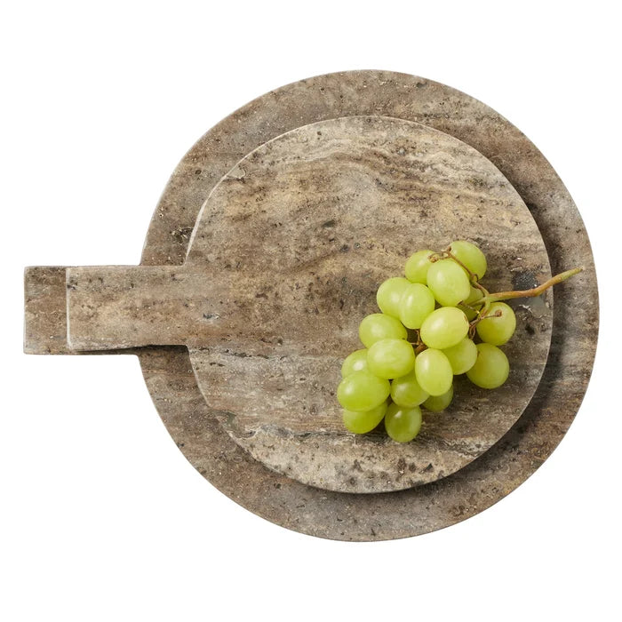 Set of two Blue Pheasant Stassi Gray Travertine round serving boards, ideal for serving cheeses and appetizers.