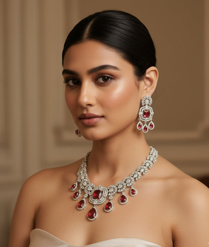 MOHAR statement necklace set in bold red cubic zirconia stones