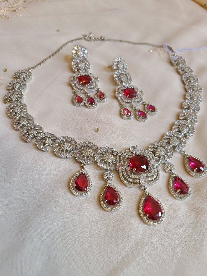 MOHAR statement necklace set in bold red cubic zirconia stones