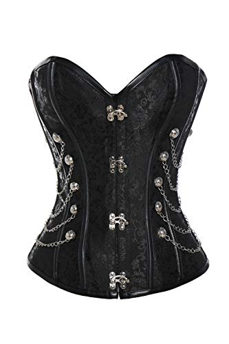 Steampunk Corset Bustier Gothic Vintage Satin Boned Overbust Top with Chains for Women, Black XL