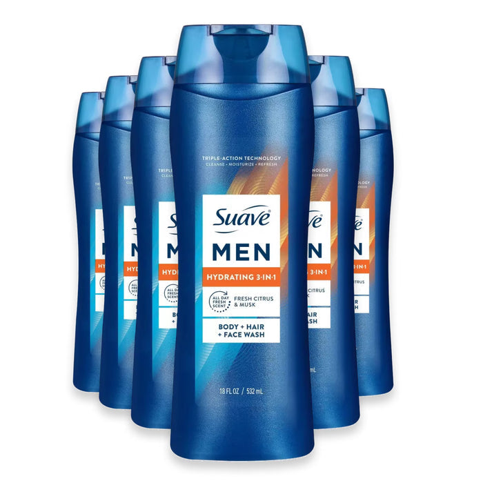 Suave Men’s Hydrate 3-in-1 Hair Body & Face Wash - 18 oz - 6 Pack
