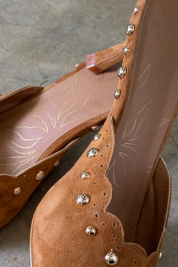 Tan Suede Scallop City Mules featuring gold studs and scalloped edge detailing.