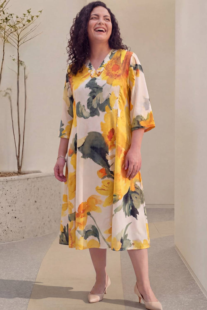 Sunflower Grace Plus Size Yellow Midi Dress