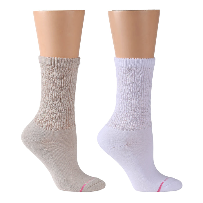 Oat marl crew compression socks for women, shown on a mannequin foot
