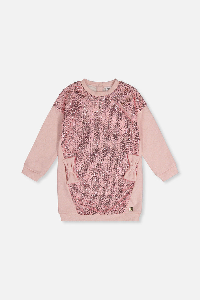 Deux par Deux girls sweatshirt dress with sequin bows in dusty pink, front view