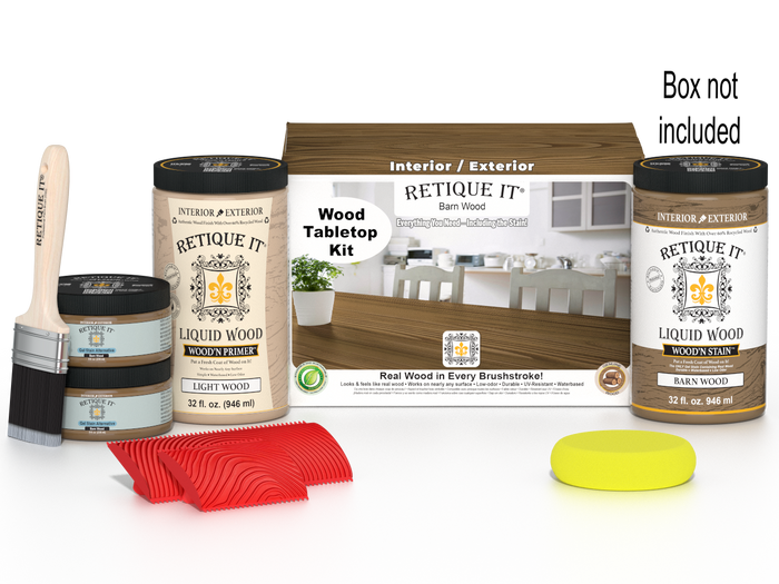 Retique It Wood'n Finish Kit for tabletops, includes four large barn wood stain bottles, with a box showing the product.