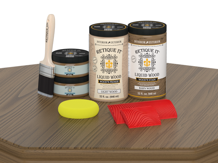 Retique It Wood'n Finish Kit with four large barn wood stains, featuring wood grain patterns and finish applications.