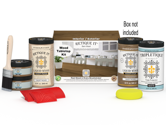 Retique It Wood'n Finish Kit with four large stains in barn wood color, featuring stain bottles and finishing tools on a tabletop.