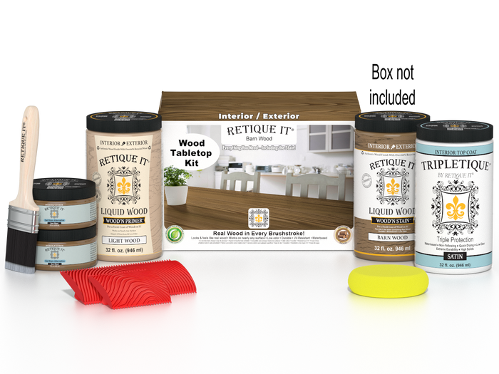 Retique It Wood'n Finish Kit with four large containers of barn wood stain, displayed on a tabletop with applicator brushes.