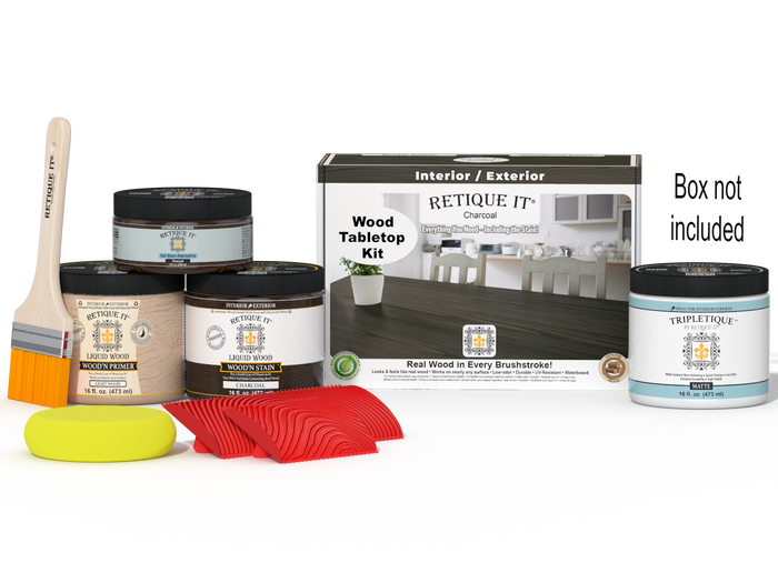Retique It Wood'n Finish Kit double size in Charcoal stain, featuring staining tools and supplies for wood finishing projects.