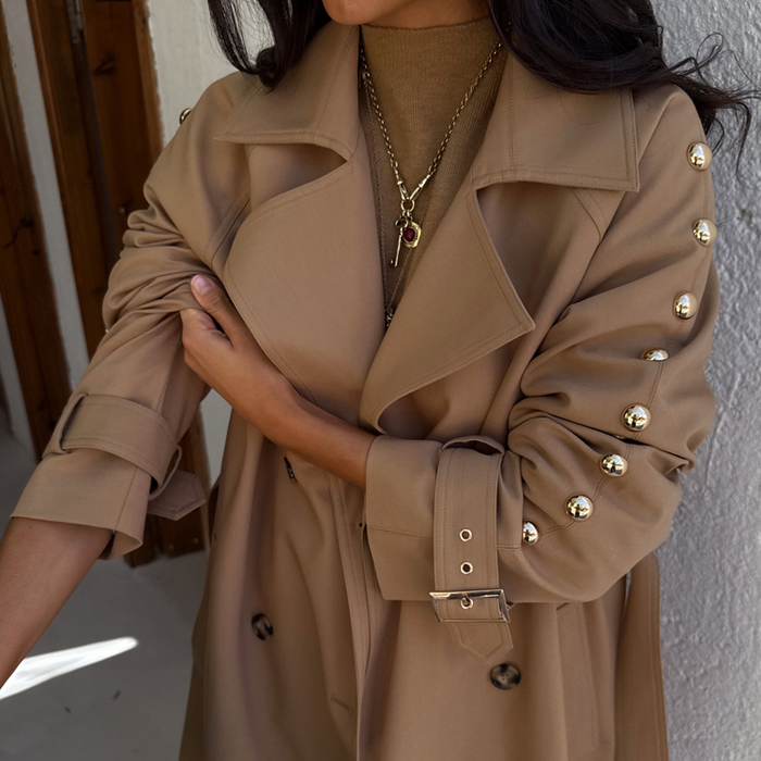 Tan Trench Coat with Gold Studs