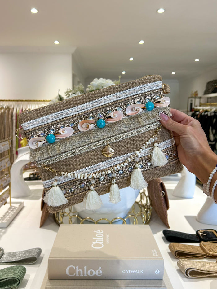 Tan Woven Pink Shell & White Tassel Clutch Bag