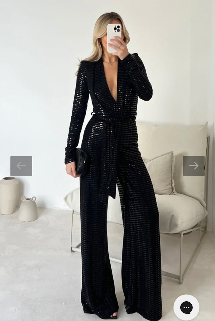 TARA BLACK SEQUIN JUMPSUIT - Style Heist