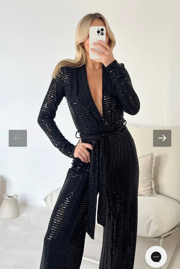 TARA BLACK SEQUIN JUMPSUIT - Style Heist