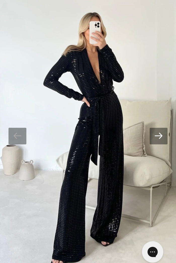 TARA BLACK SEQUIN JUMPSUIT - Style Heist