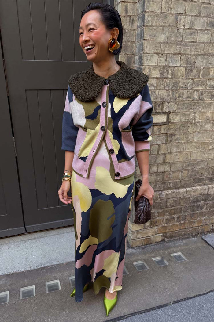 Teal Mara Abstract Cheryl Cardigan with a detachable wool collar, styled as a co-ord with a matching print skirt.