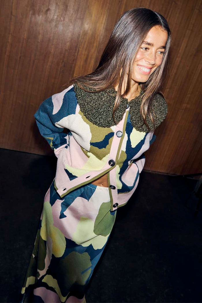 Teal Mara Abstract Cheryl Cardigan featuring a textured olive wool collar and multi-tonal artist print.