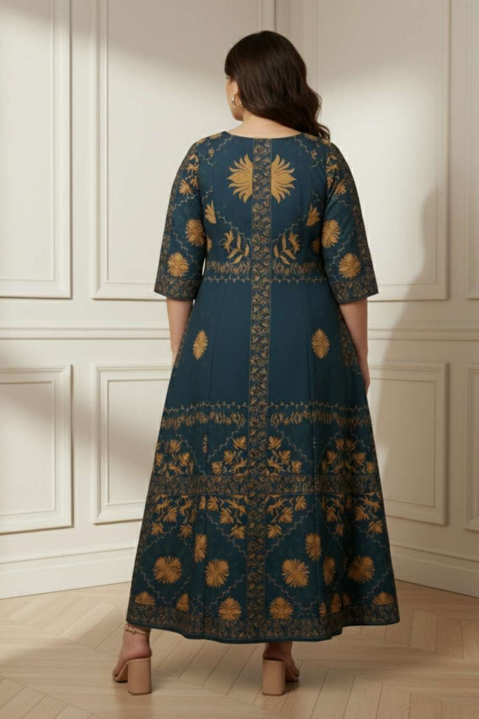 Teal Mustard Ornate Printed Long Dress