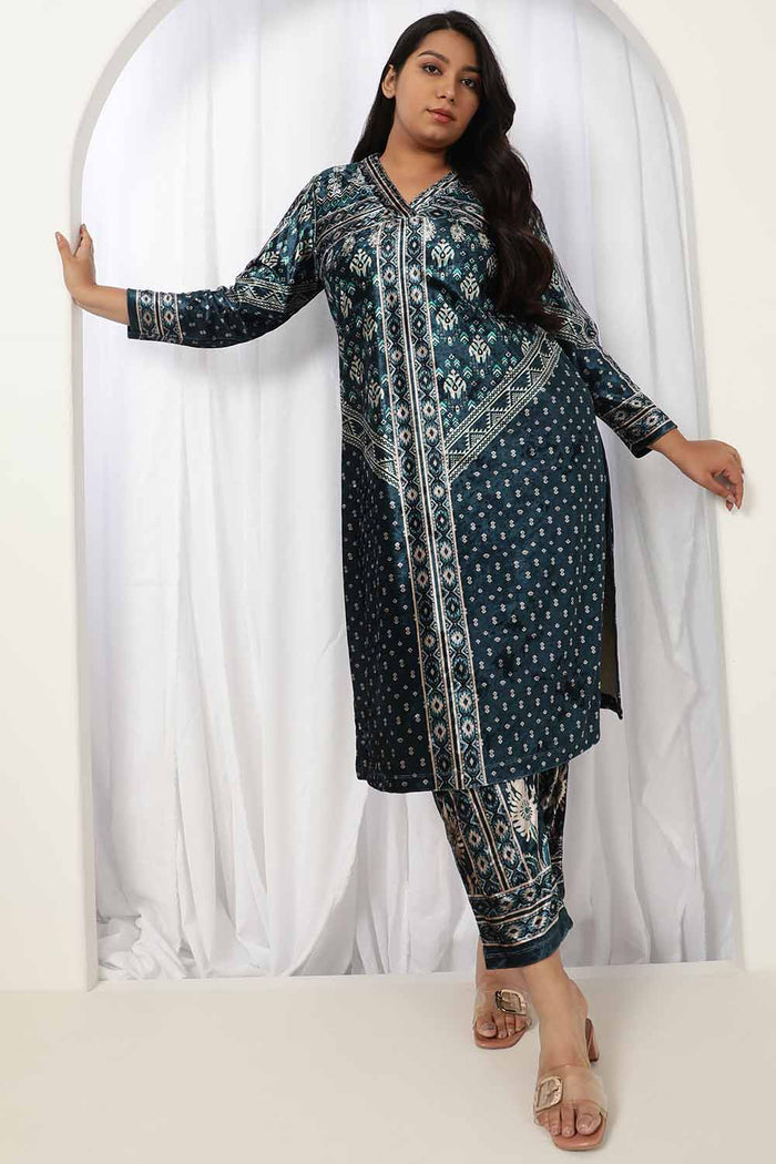 Teal Printed V Neck Velvet Kurta