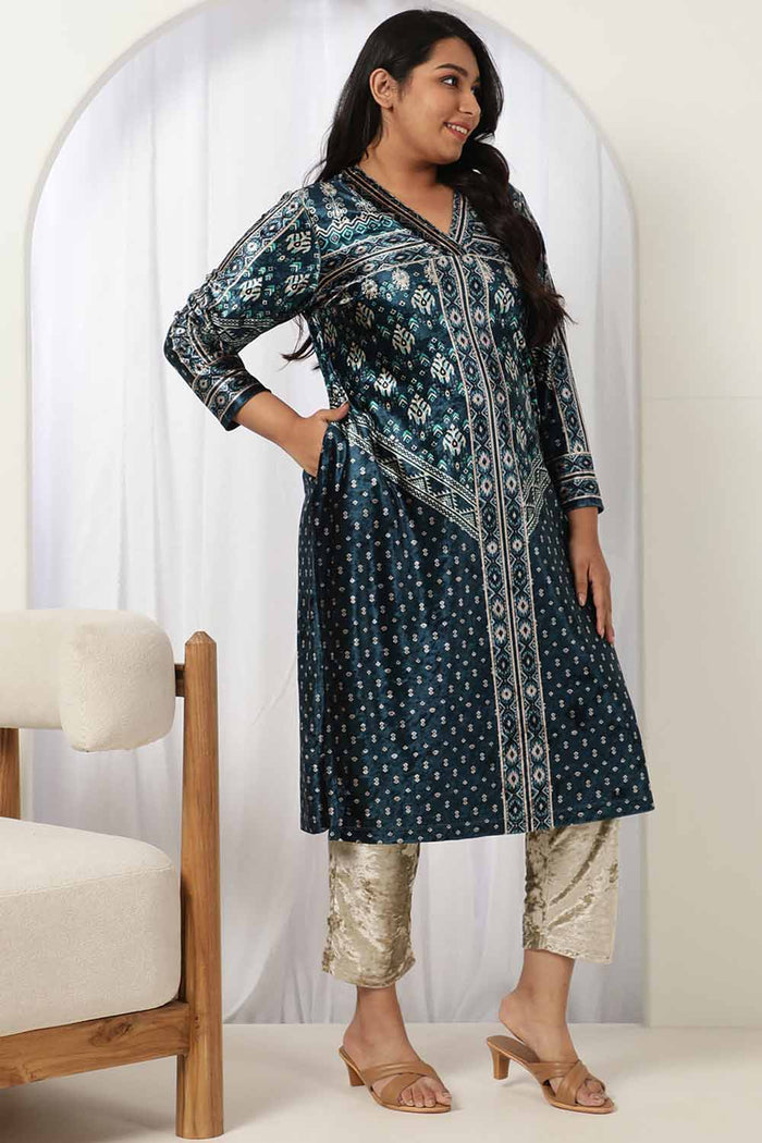 Teal Printed V Neck Velvet Kurta