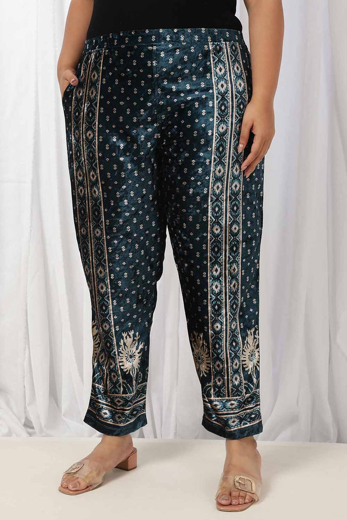 Teal Printed Velvet Pant