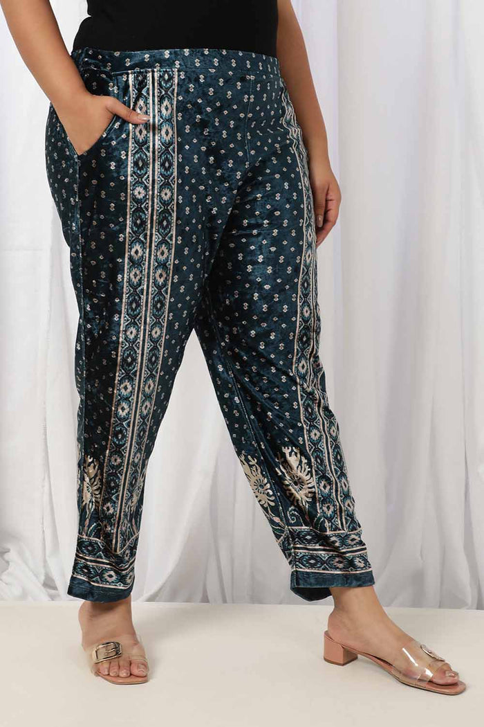 Teal Printed Velvet Pant