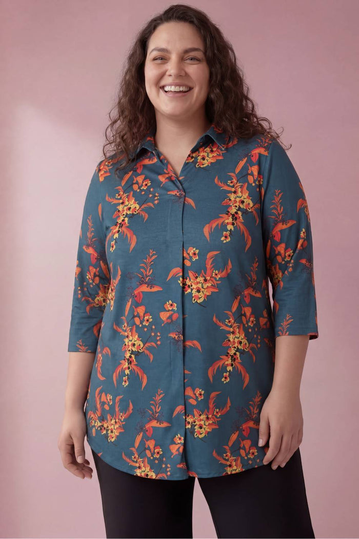 Teal Red Floral Centre Pleat Top
