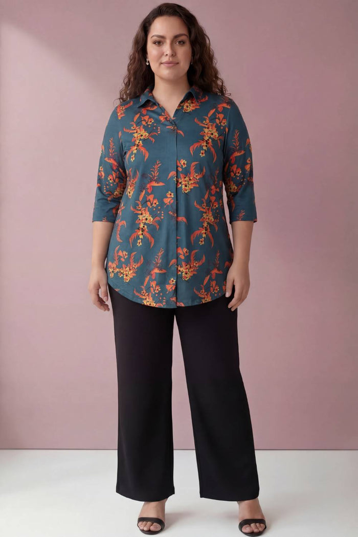 Teal Red Floral Centre Pleat Top
