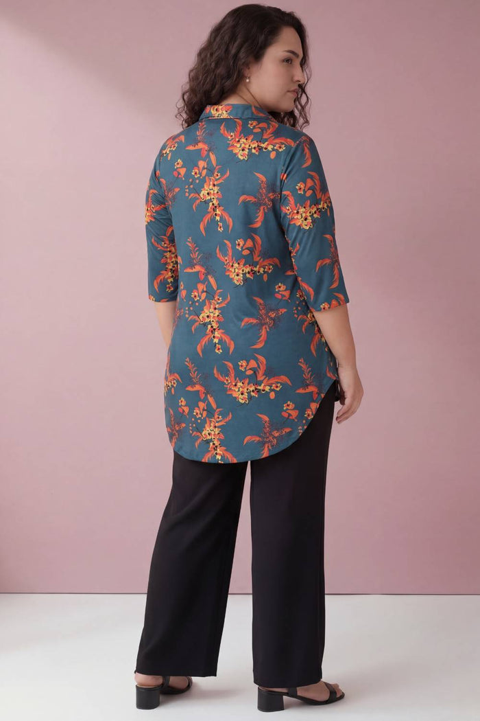 Teal Red Floral Centre Pleat Top