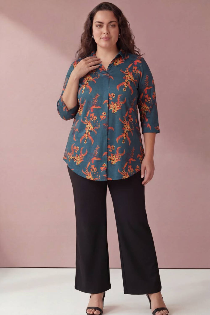 Teal Red Floral Centre Pleat Top