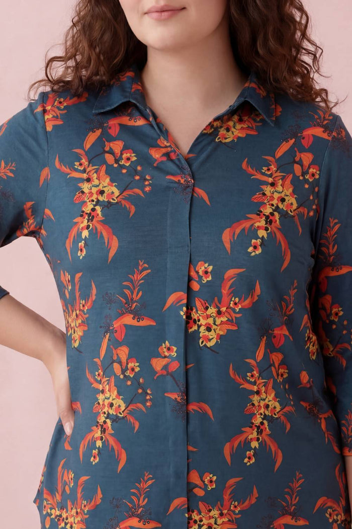 Teal Red Floral Centre Pleat Top
